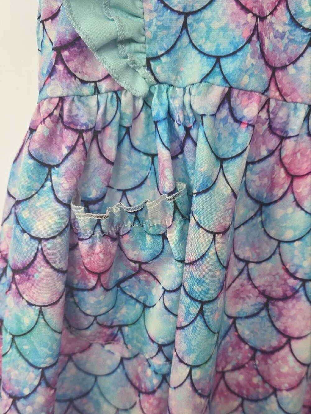 Girls' Mermaid Scale Ruffle Dress with Peter Pan Collar - Aqua Multi